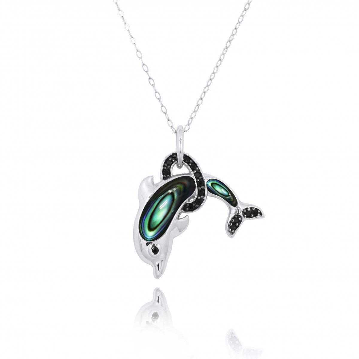 Sterling Silver Dolphin Pendant Necklace with Abalone Shell and Black Spinel