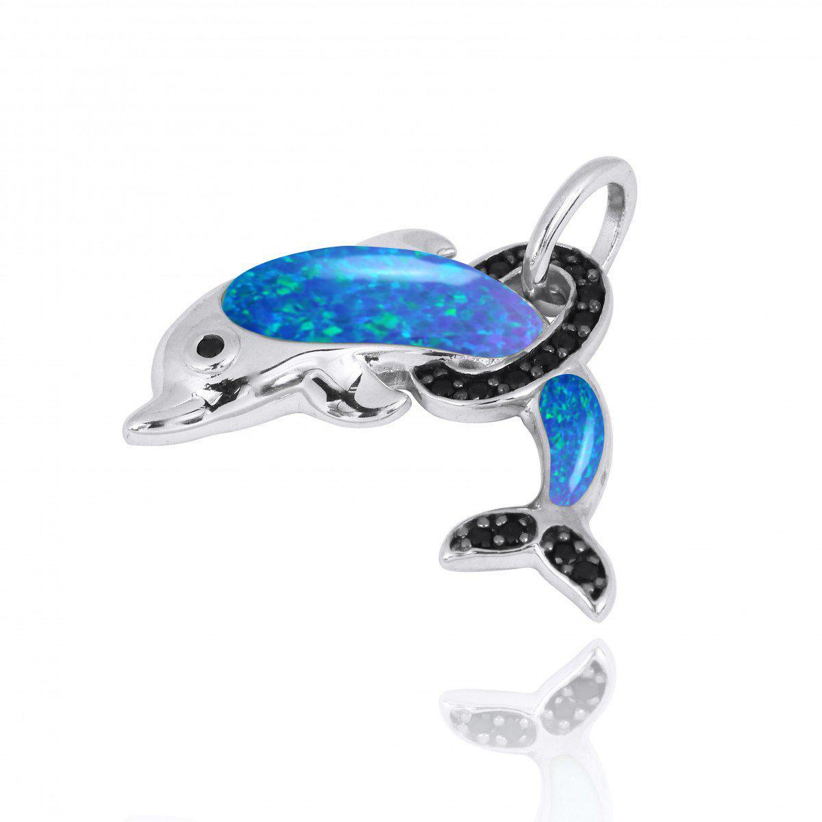 Sterling Silver Dolphin Pendant Necklace with Blue Opal and Black Spinel