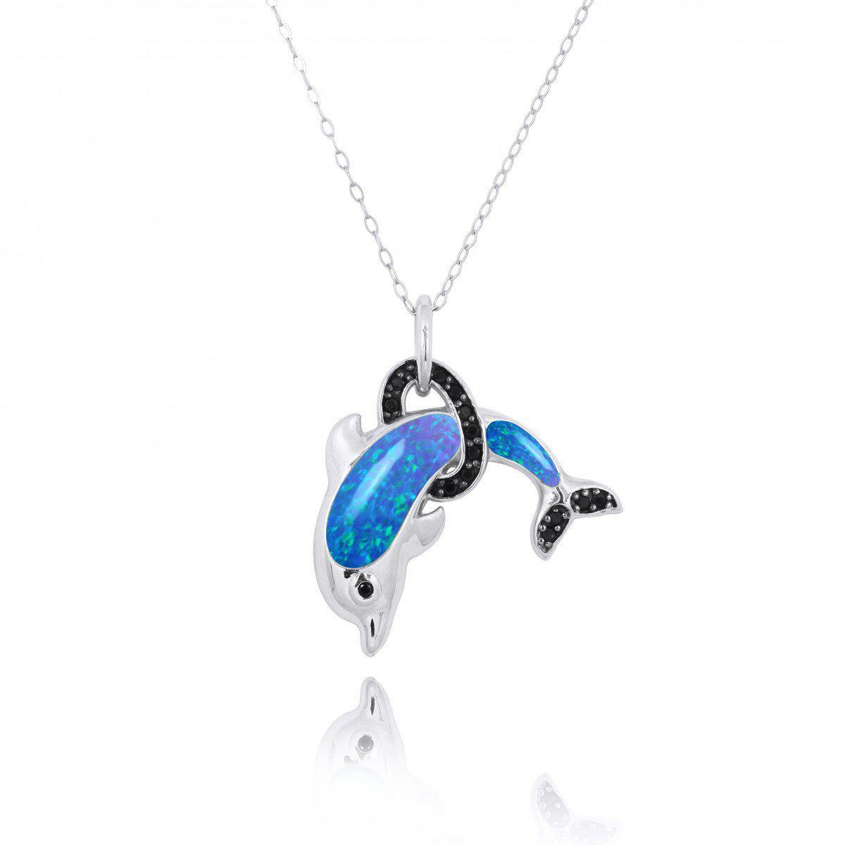 Sterling Silver Dolphin Pendant Necklace with Blue Opal and Black Spinel