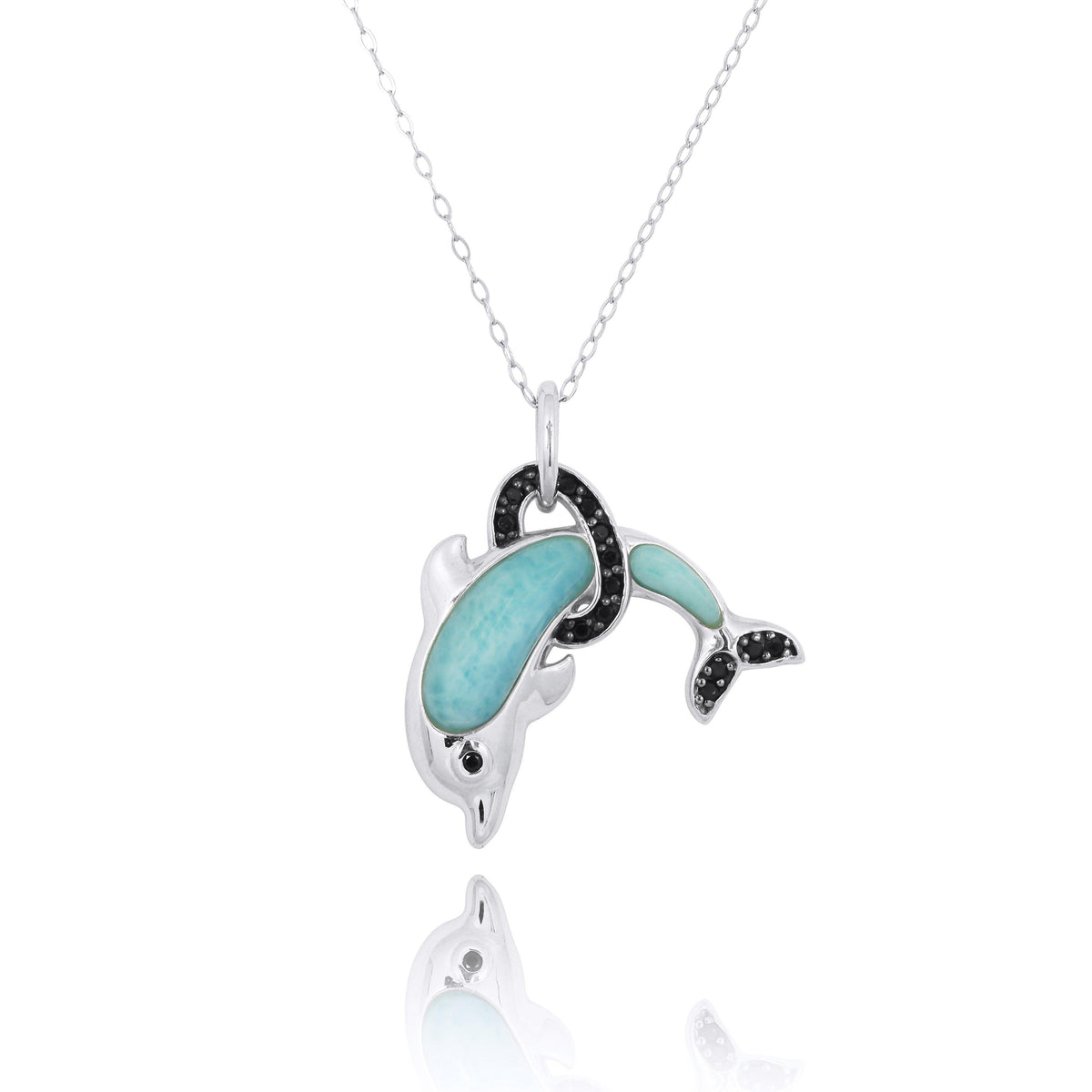 Sterling Silver Dolphin Pendant Necklace with Larimar and Black Spinel