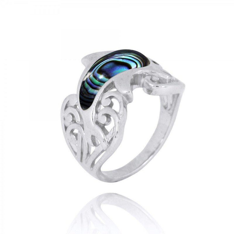 Sterling Silver Dolphin Ring with Abalone Shell and Black Spinel