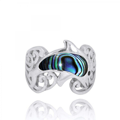 Sterling Silver Dolphin Ring with Abalone Shell and Black Spinel