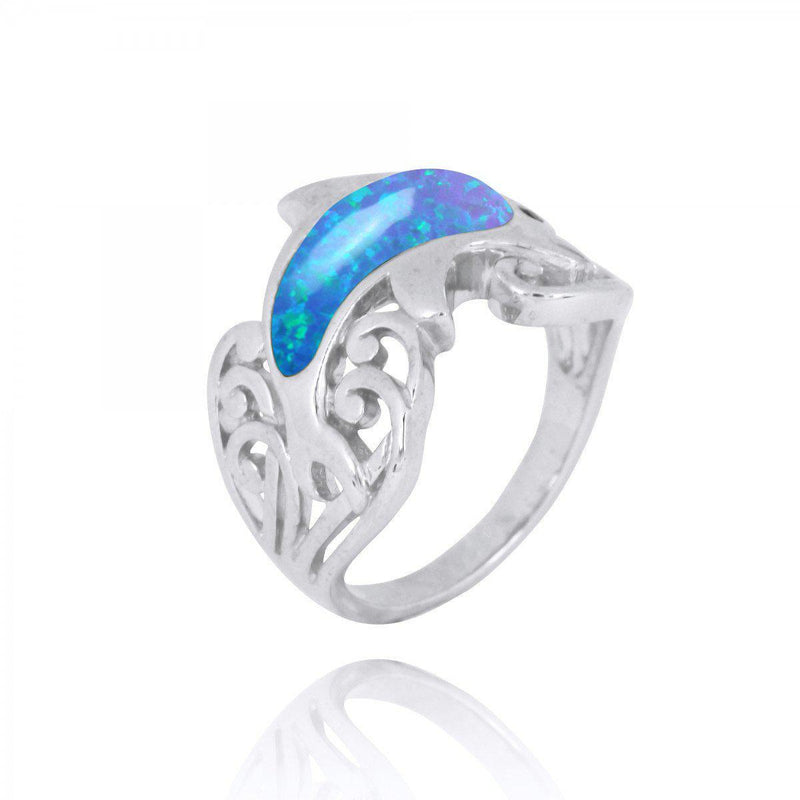 Sterling Silver Dolphin Ring with Blue Opal and Black Spinel