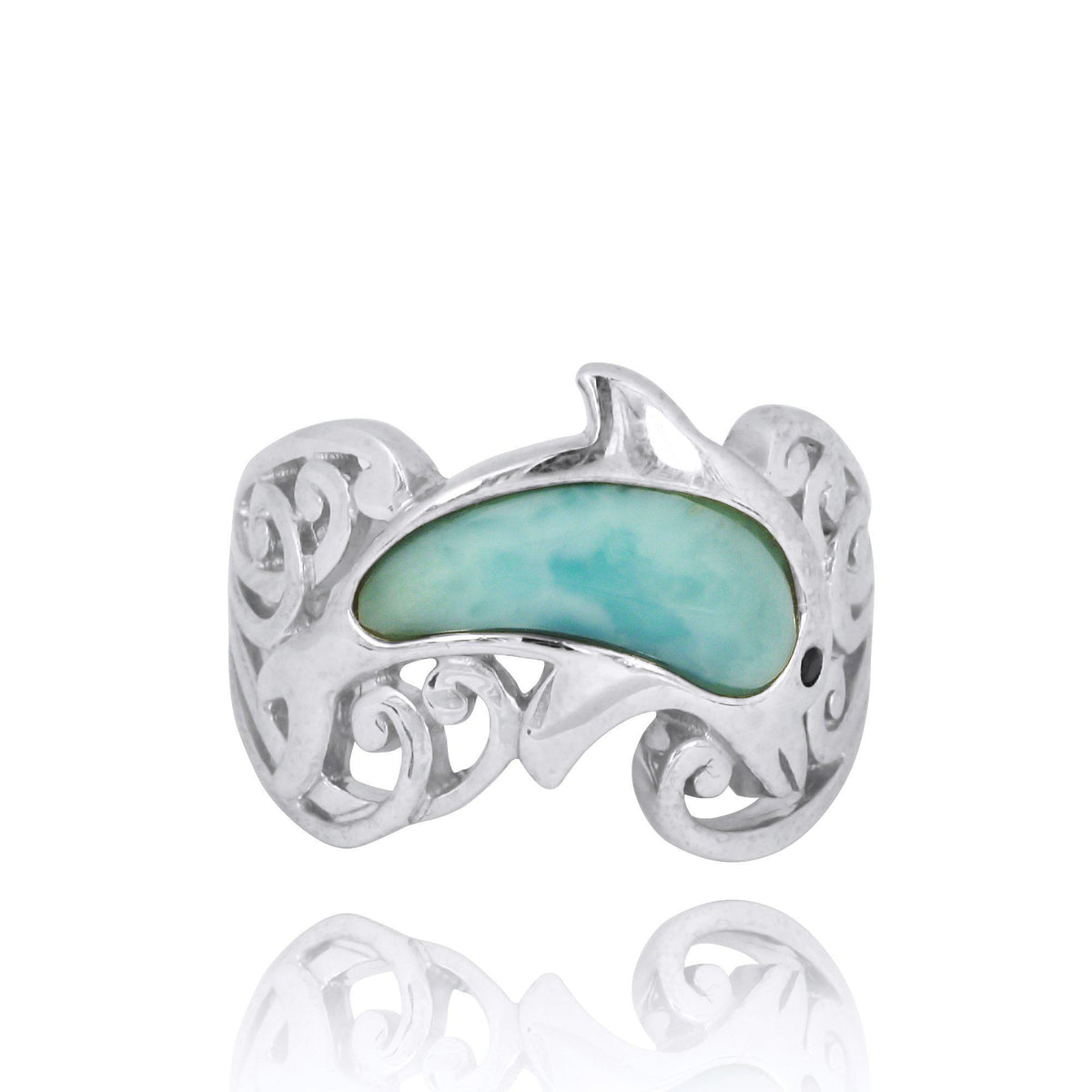 Sterling Silver Dolphin Ring with Larimar and Black Spinel