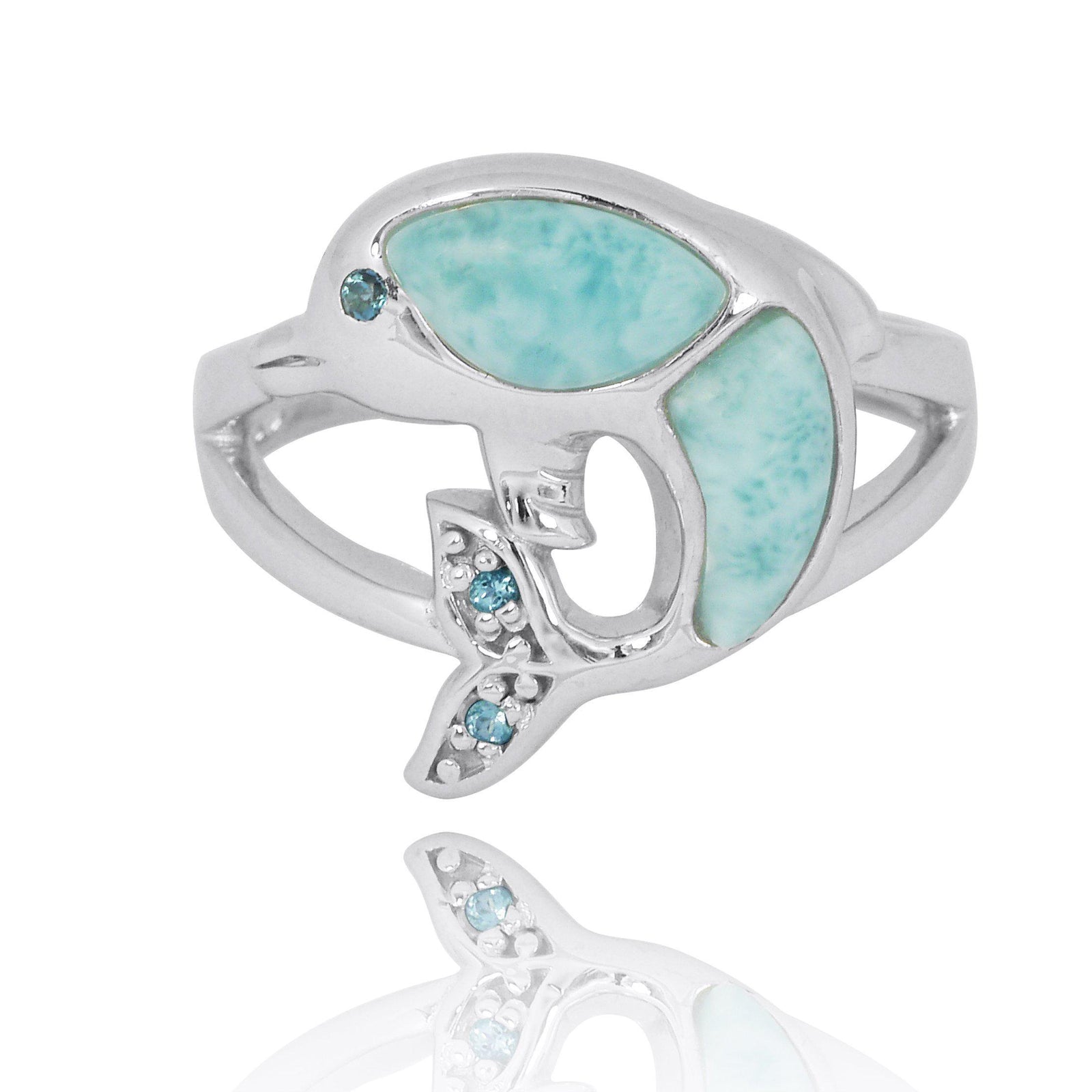 Sterling Silver Dolphin Ring with Larimar, London Blue Topaz and Swiss Blue Topaz