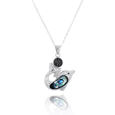 Sterling Silver Dolphin Pendant Necklace with Abalone Shell and Black Spinel Pendant Necklace