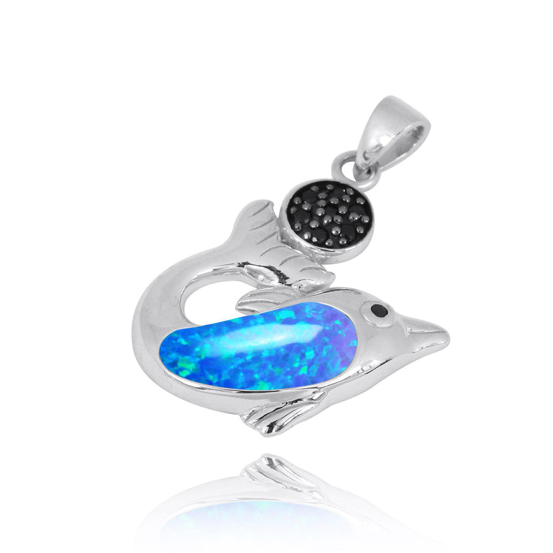 Dolphin Pendant Necklace with Blue Opal and Black Spinel