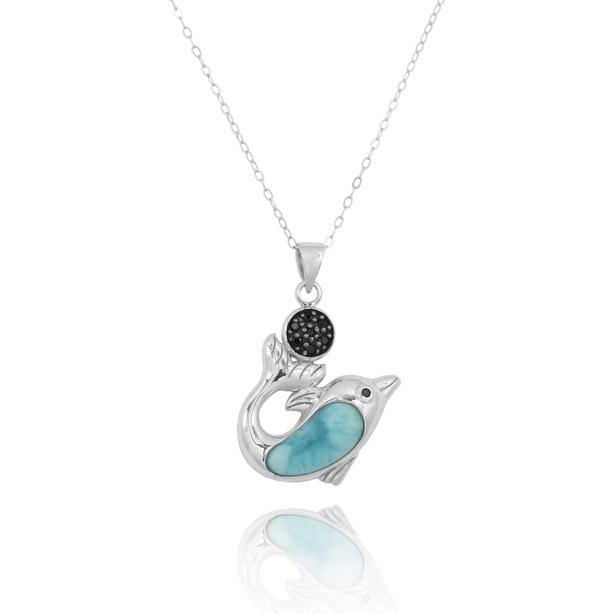 Sterling Silver Dolphin Pendant Necklace with Larimar and Black Spinel