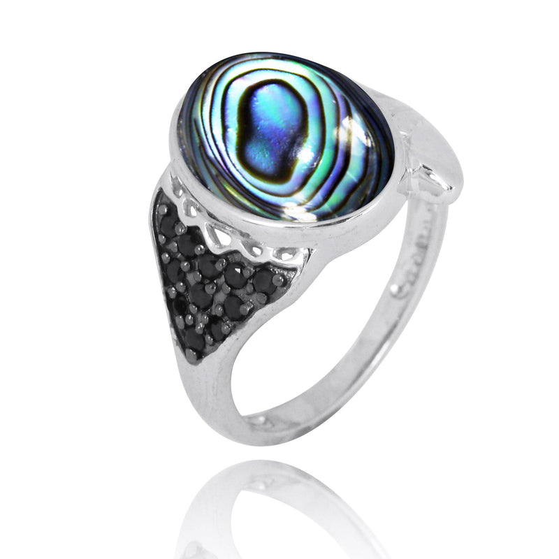 Sterling Silver Fin Ring with Abalone Shell and Black Spinel
