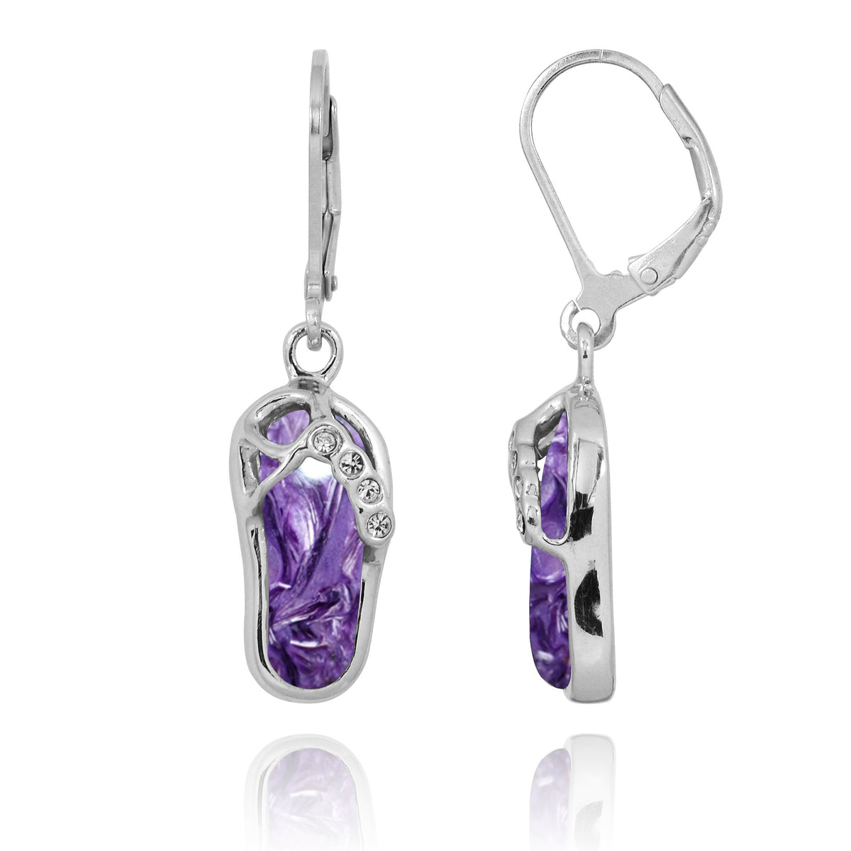 Sterling Silver Flip Flop Lever Back Earrings with Charoite and White CZ