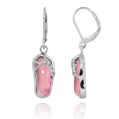 Sterling Silver Flip Flop Lever Back Earrings with Pink Opal and White CZ