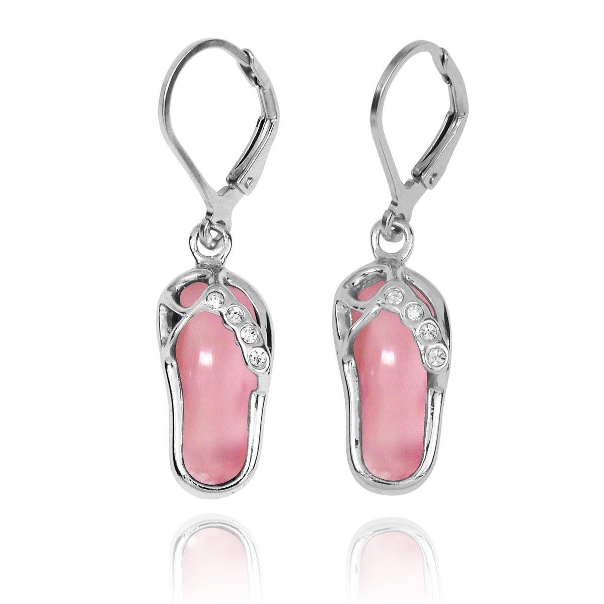 Sterling Silver Flip Flop Lever Back Earrings with Pink Opal and White CZ