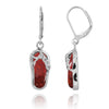Sterling Silver Flip Flop Lever Back Earrings with Red Coral and White CZ