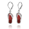 Sterling Silver Flip Flop Lever Back Earrings with Red Coral and White CZ