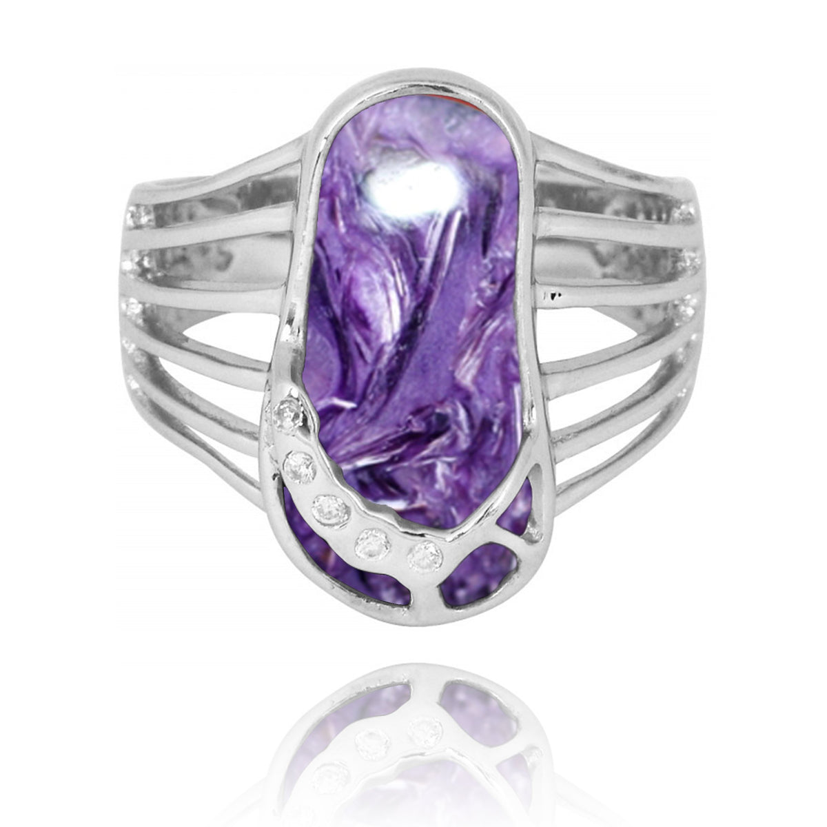 Sterling Silver Flip Flop Ring with Charoite and White CZ