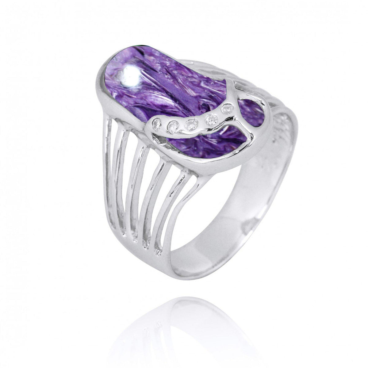 Sterling Silver Flip Flop Ring with Charoite and White CZ