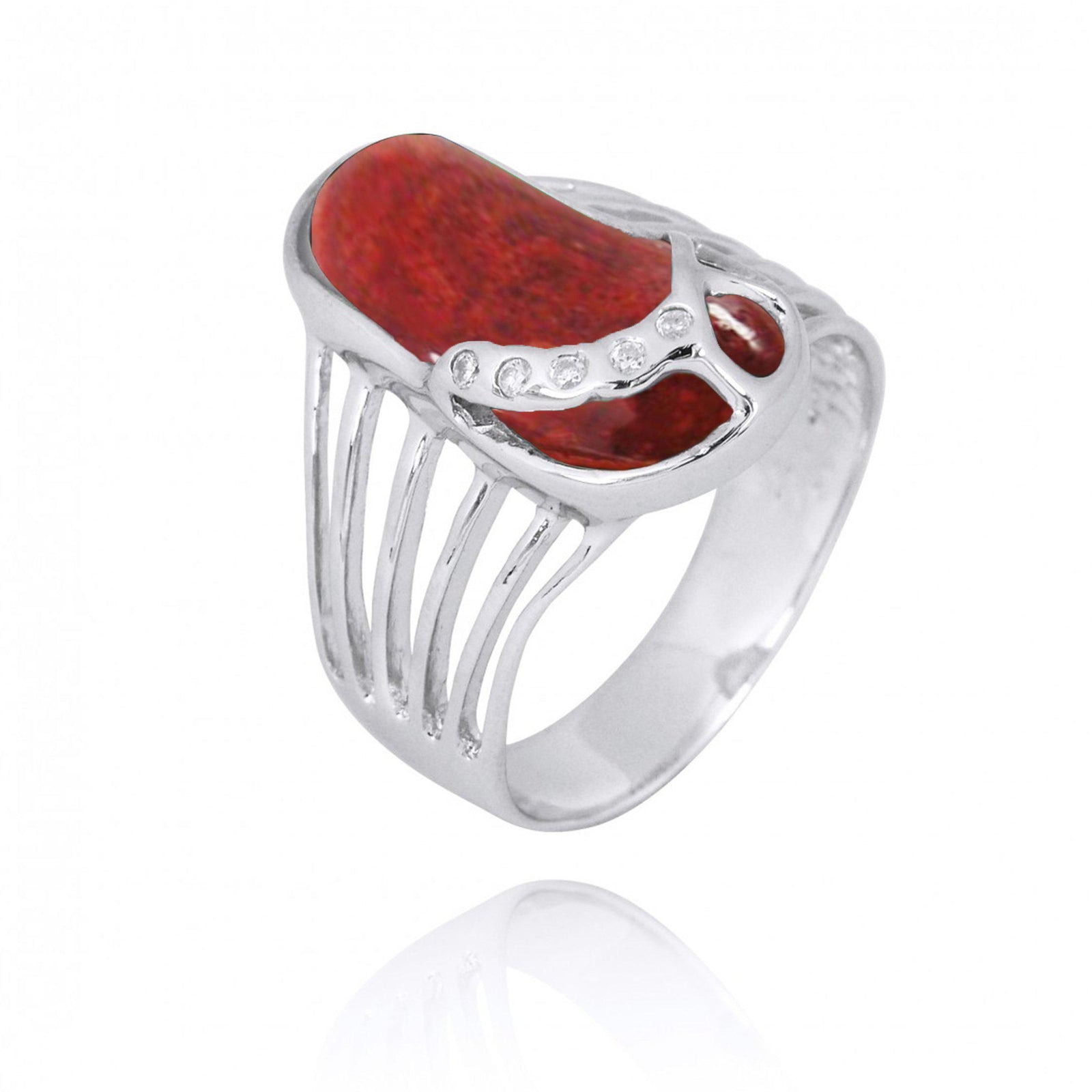 Sterling Silver Flip Flop Ring with Red Coral and White CZ