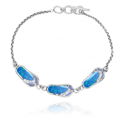 Sterling Silver Flip Flops with Blue Opal and White CZ Chain Bracelet