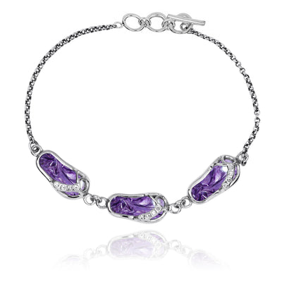 Sterling Silver Flip Flops with Charoite and White CZ Chain Bracelet
