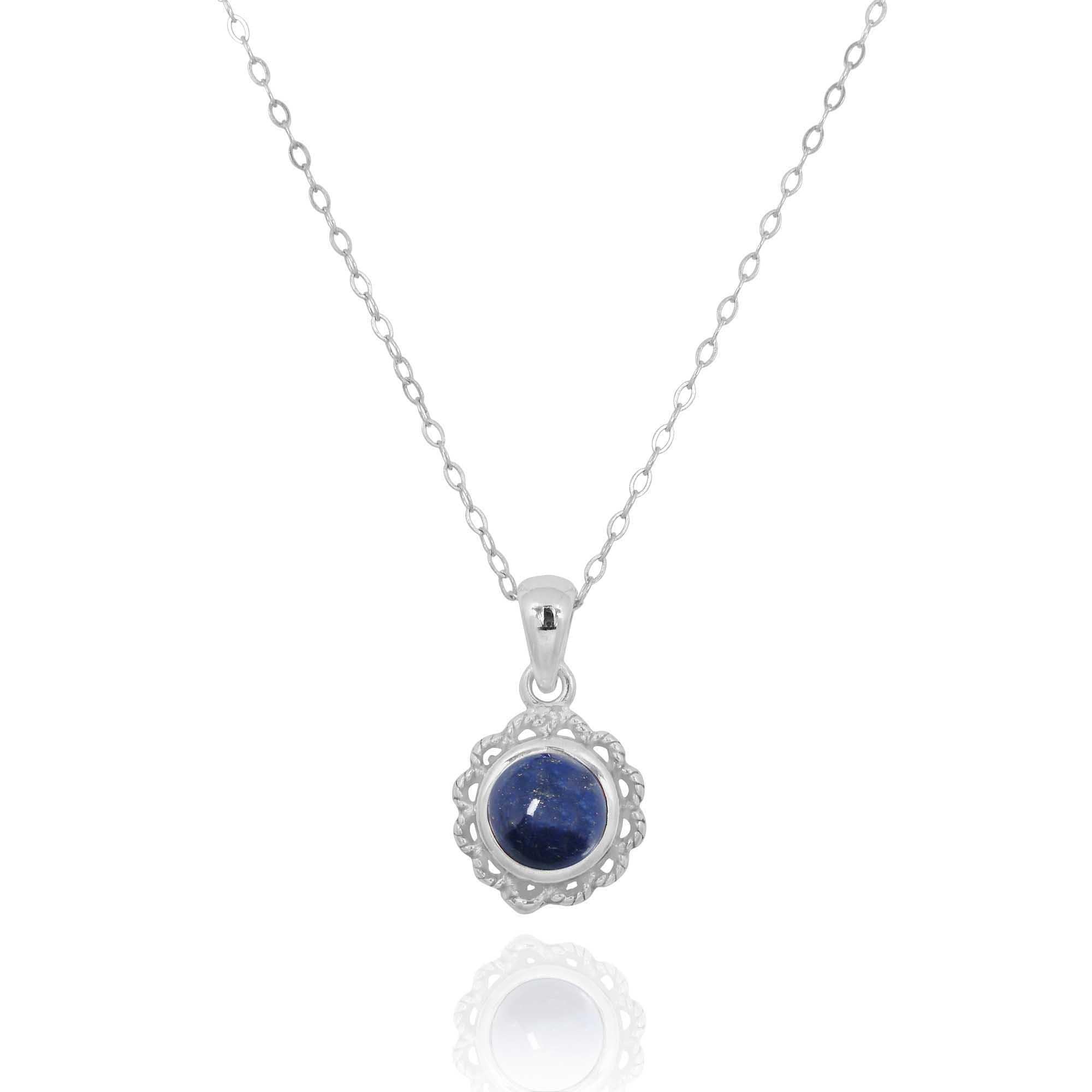 Sterling Silver Flower Pendant with Round Lapis