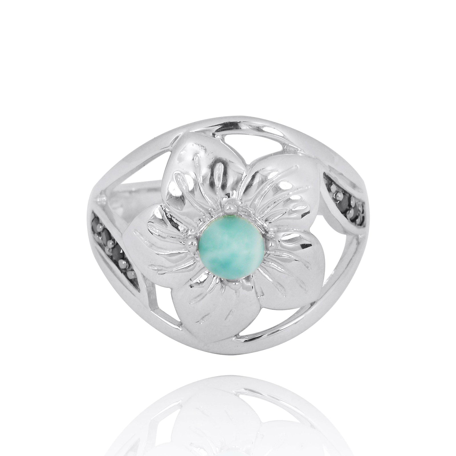 Tropical Hibiscus Flower Ring with Larimar and Black Spinel