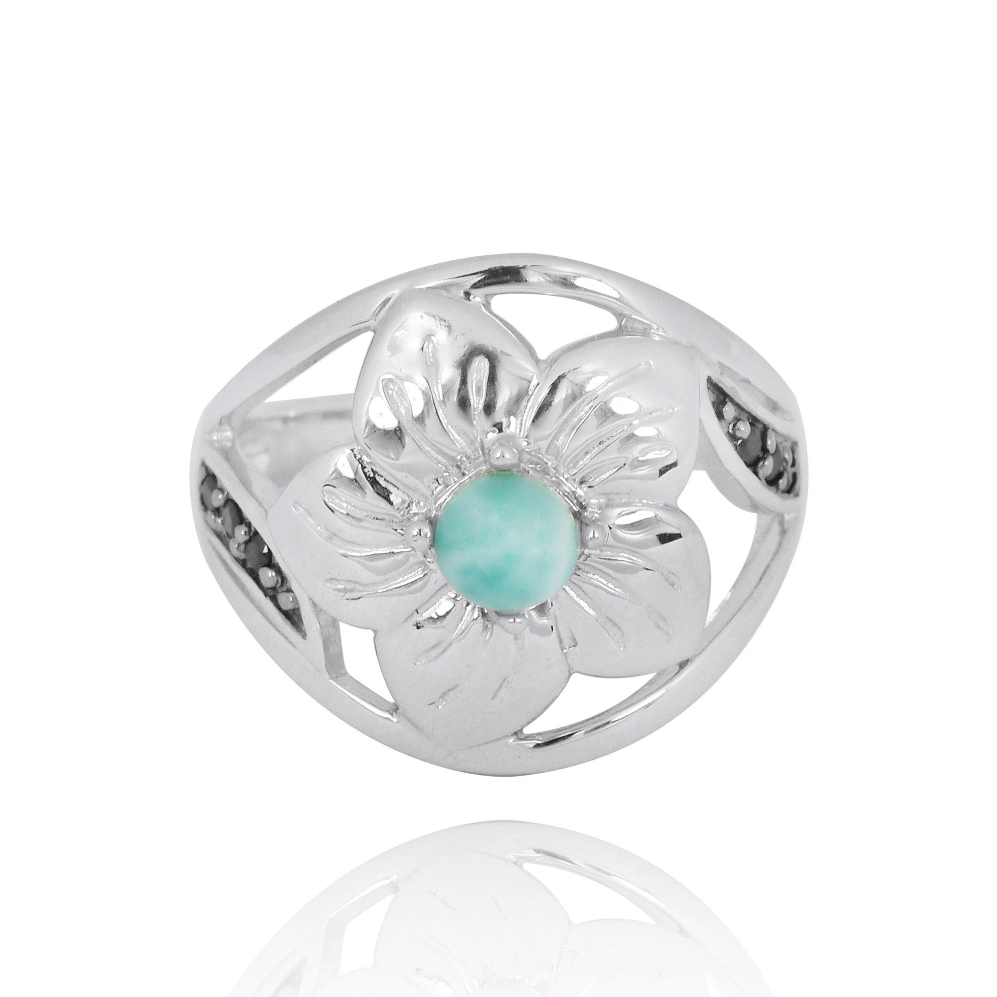 Sterling Silver Hibiscus Ring with Round Larimar and Black Spinel