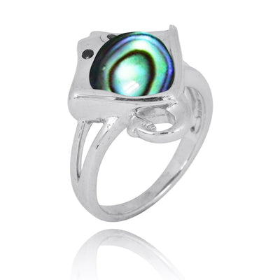Sterling Silver Manta Ray Ring with Abalone Shell and Black Spinel