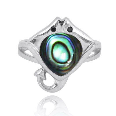 Sterling Silver Manta Ray Ring with Abalone Shell and Black Spinel