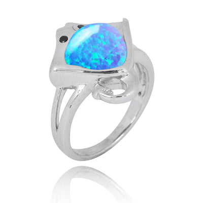 Sterling Silver Manta Ray Ring with Blue Opal and Black Spinel