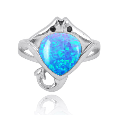Sterling Silver Manta Ray Ring with Blue Opal and Black Spinel