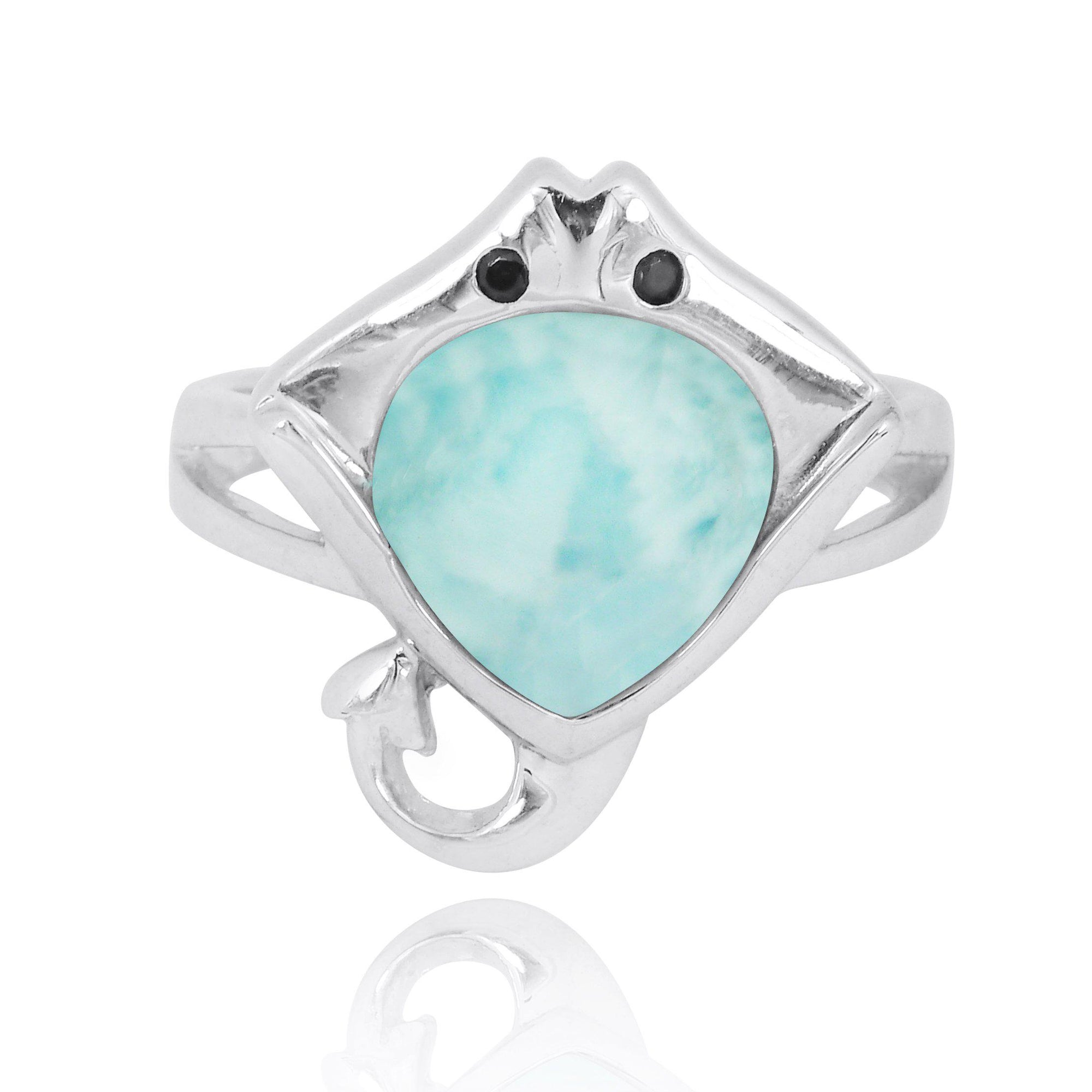 Sterling Silver Manta Ray Ring with Larimar and Black Spinel