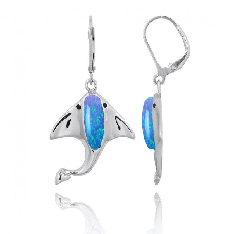 Sterling Silver Manta Ray with Blue Opal and Black Spinel Lever Back Earrings