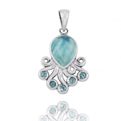 Octopus Pendant Necklace with Larimar and Swiss Blue Topaz