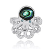 Sterling Silver Octopus Ring with Abalone Shell, London Blue Topaz and White CZ