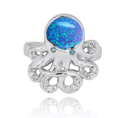 Sterling Silver Octopus Ring with Blue Opal, London Blue Topaz and White CZ