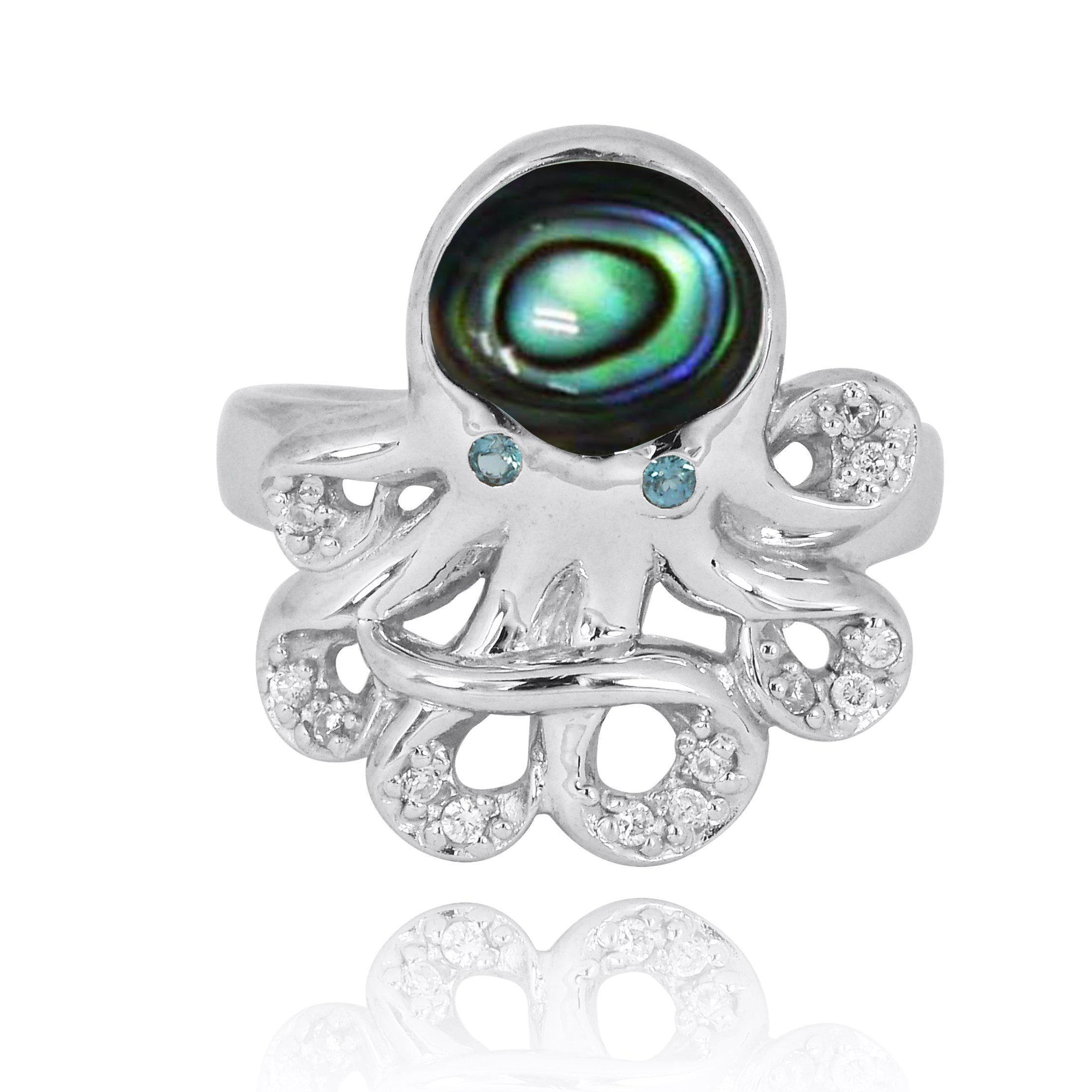 Sterling Silver Octopus with Abalone Shell and London Blue Topaz Ring