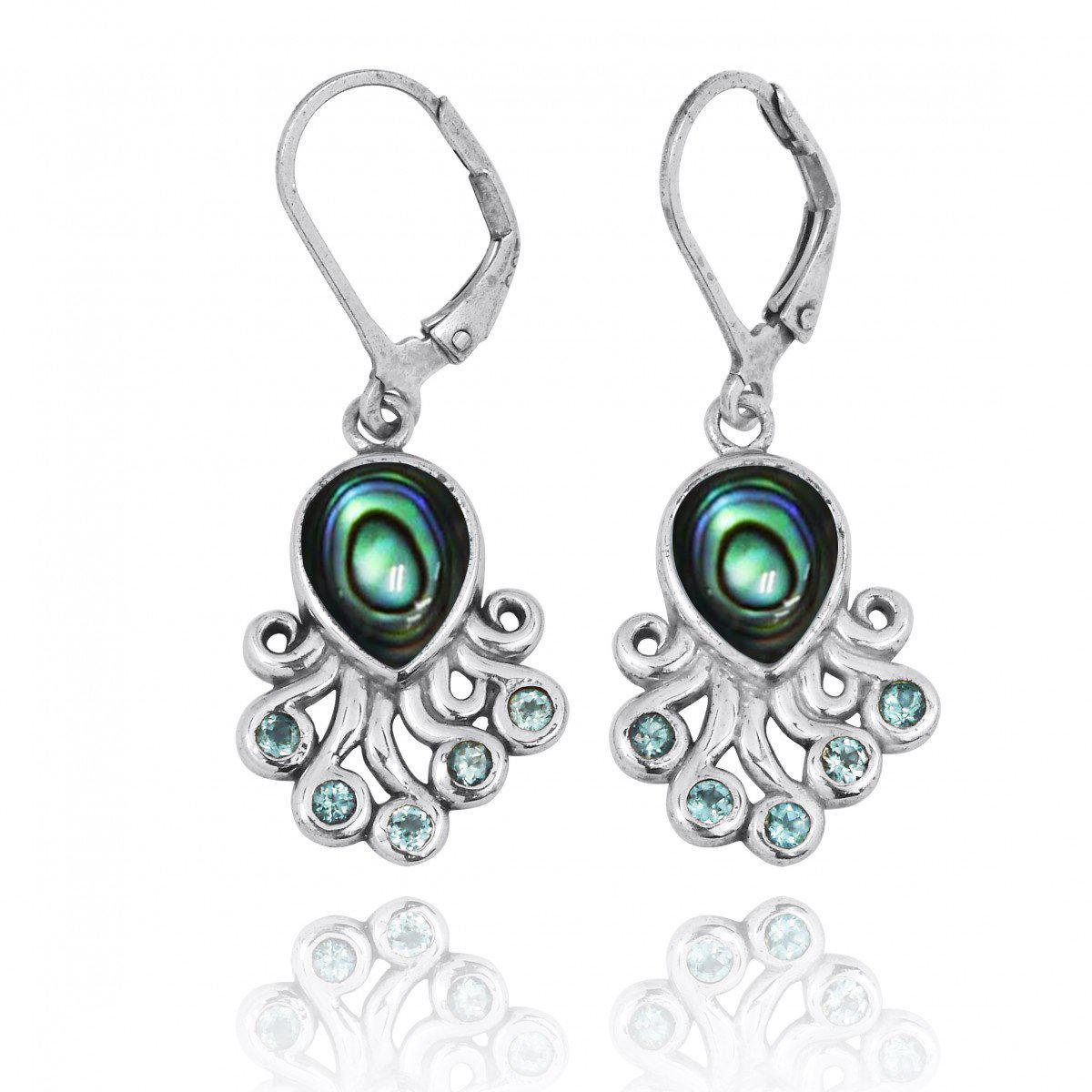 Sterling Silver Octopus with Abalone Shell and Swiss Blue Topaz Lever Back Earrings