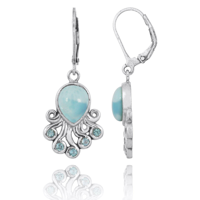Sterling Silver Octopus with Larimar and Swiss Blue Topaz Lever Back Earrings