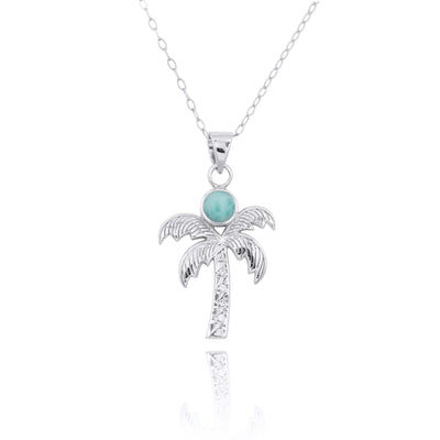 Palm Tree Pendant Necklace with Larimar and White Topaz
