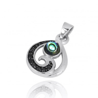 Sterling Silver Pendant with Black Spinel Wave and Abalone