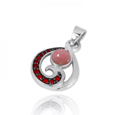 Sterling Silver Pendant with Garnet Wave and Round Peru Pink Opal