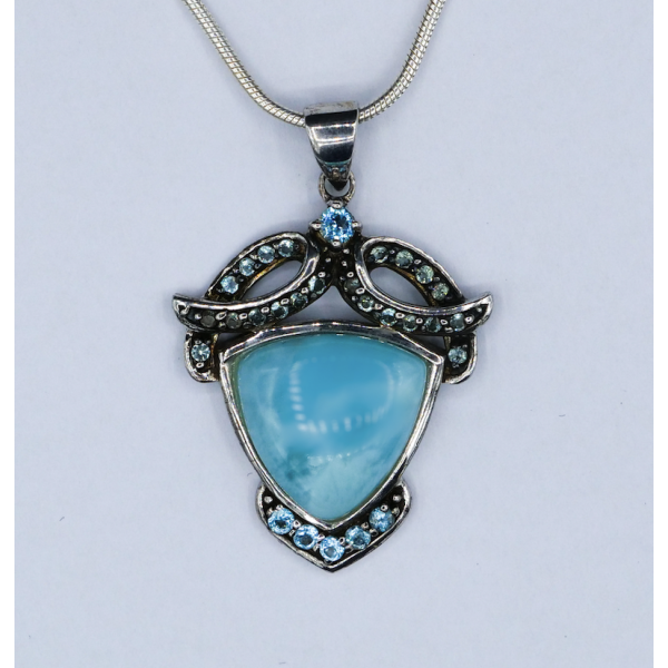 Sterling Silver Pendant with Larimar Stone and 28 Blue Topaz Stones