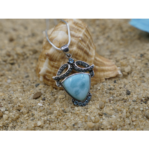 Sterling Silver Pendant with Larimar Stone and 28 Blue Topaz Stones