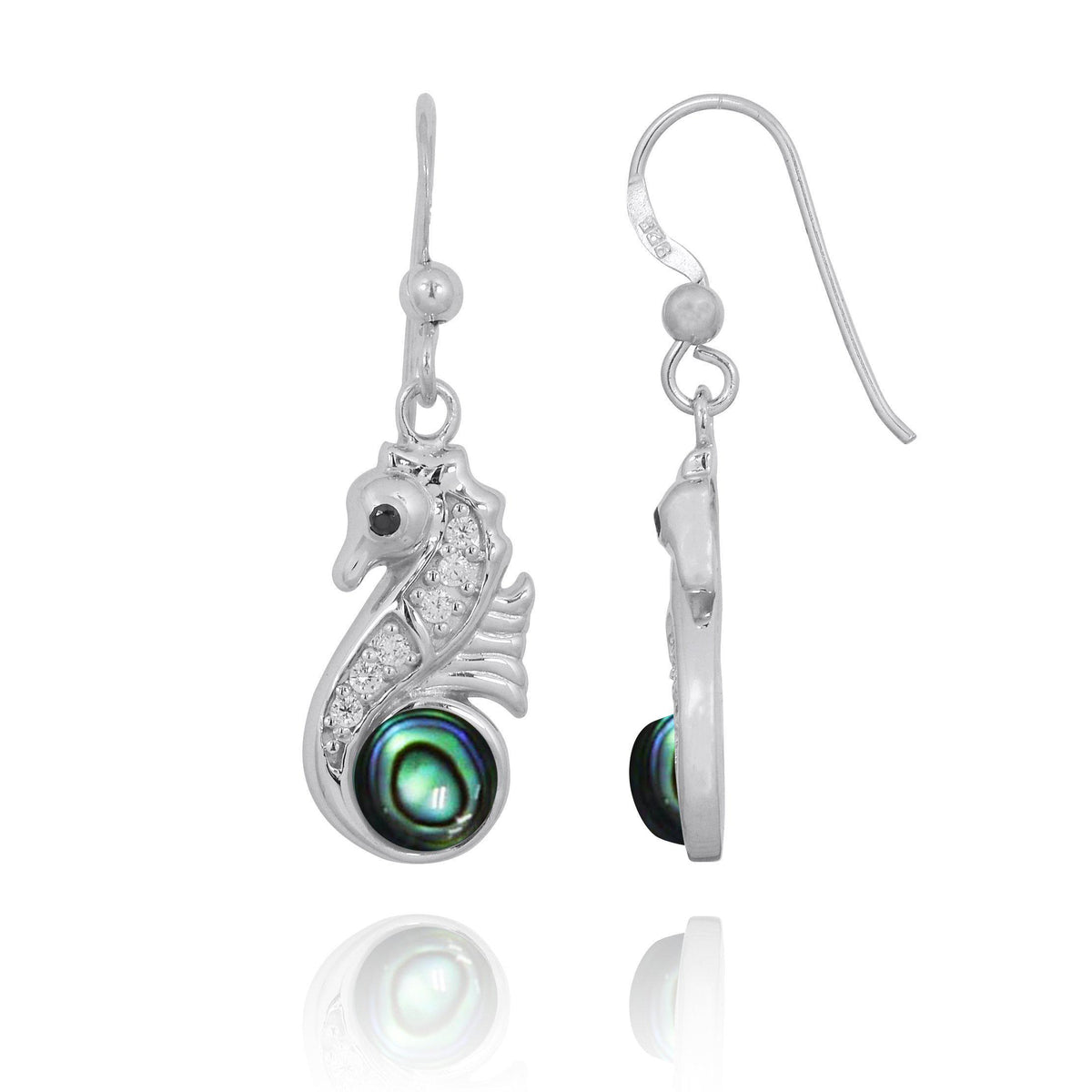 Sterling Silver Seahorse Drop Earrings with Abalone Shell and CZ