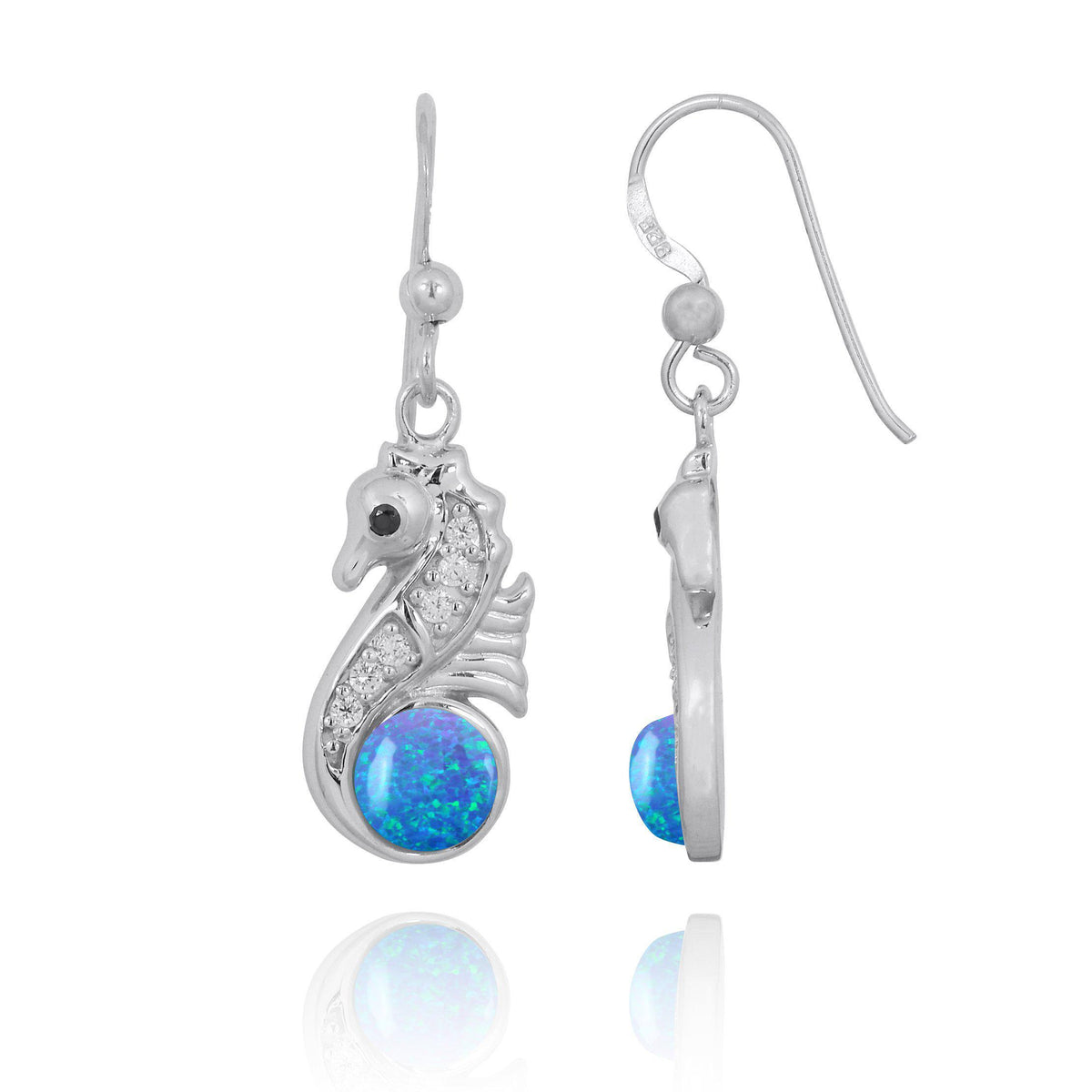 Sterling Silver Seahorse Drop Earrings with Blue Opal and CZ