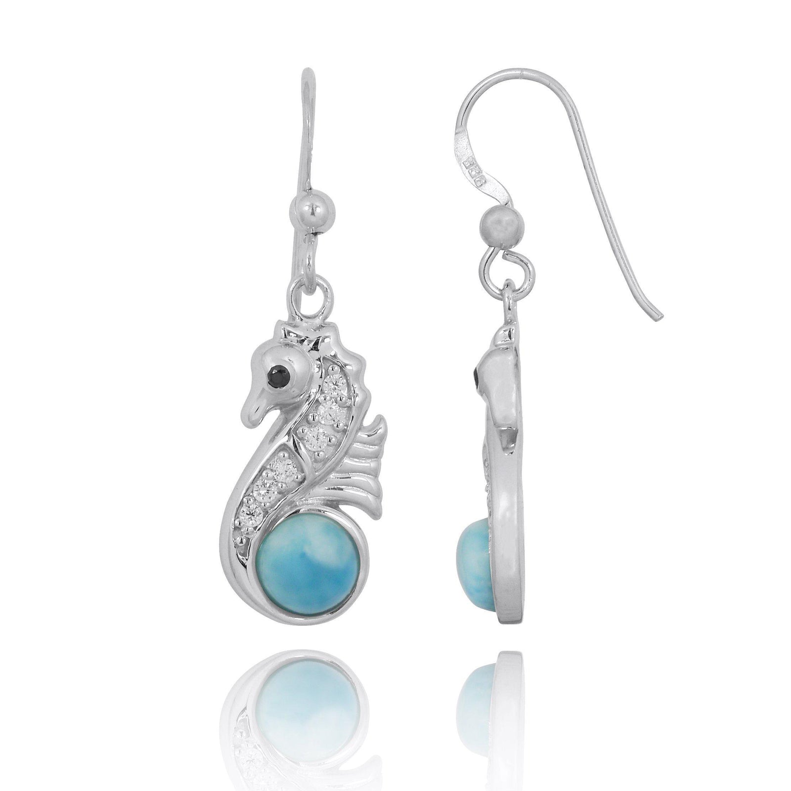 Sterling Silver Seahorse Drop Earrings with Larimar and CZ