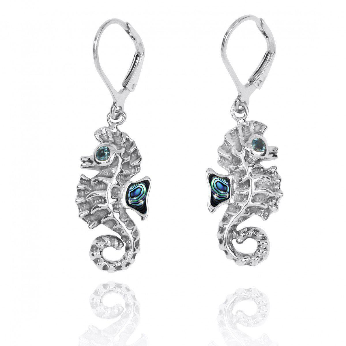 Seahorse Earrings with Abalone Shell and London Blue Topaz