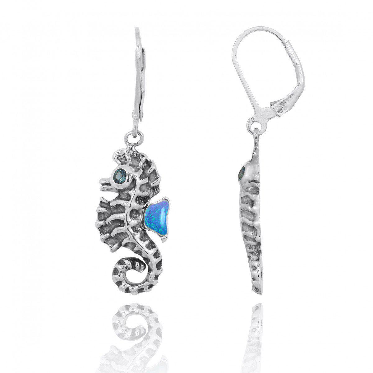 Sterling Silver Seahorse Lobster Clasp Earrings with Blue Opal and London Blue Topaz