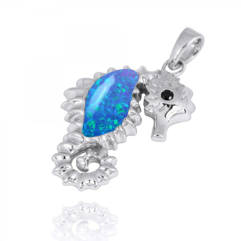 Sterling Silver Seahorse Pendant Necklace with Blue Opal and Black Spinel
