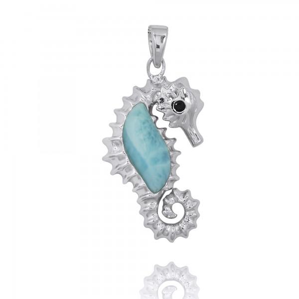 Seahorse Pendant Necklace with Larimar and Black Spinel